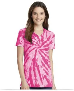 Embroidered Port and Company Ladies Tie-Dye V-Neck Tee