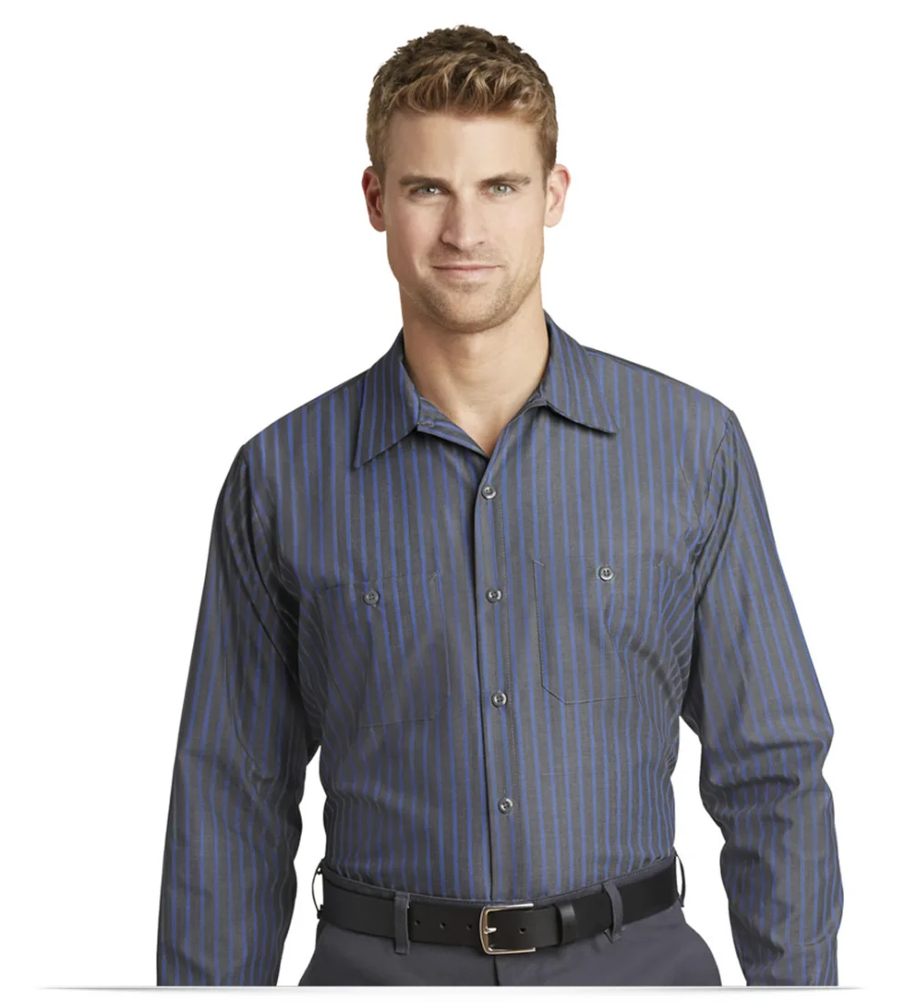 Embroidered Red Kap Long Sleeve Striped Industrial Work Shirt